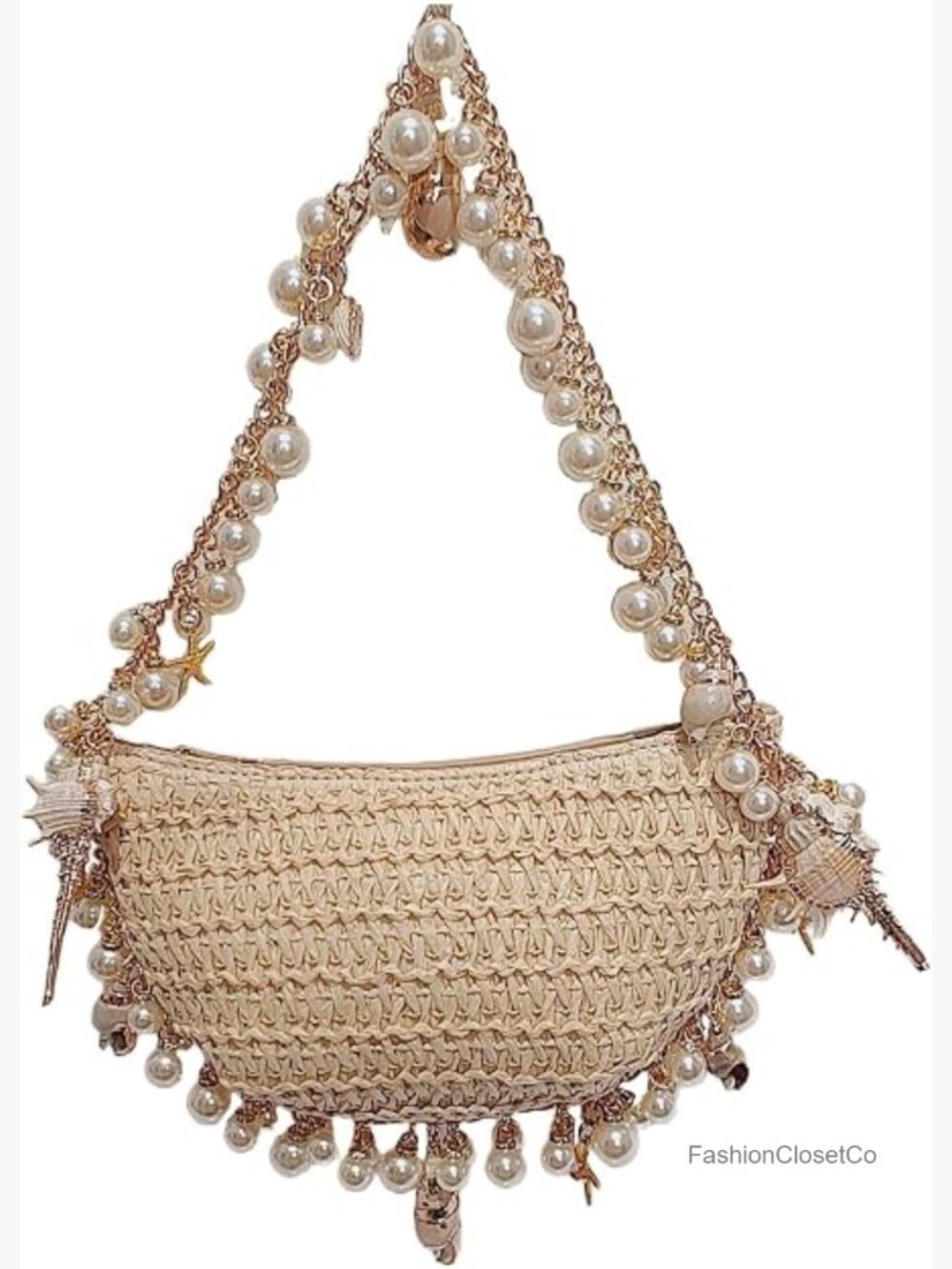 Handwoven Straw Clutch Purse with Pearl Strap Summer Beach Evening Bag